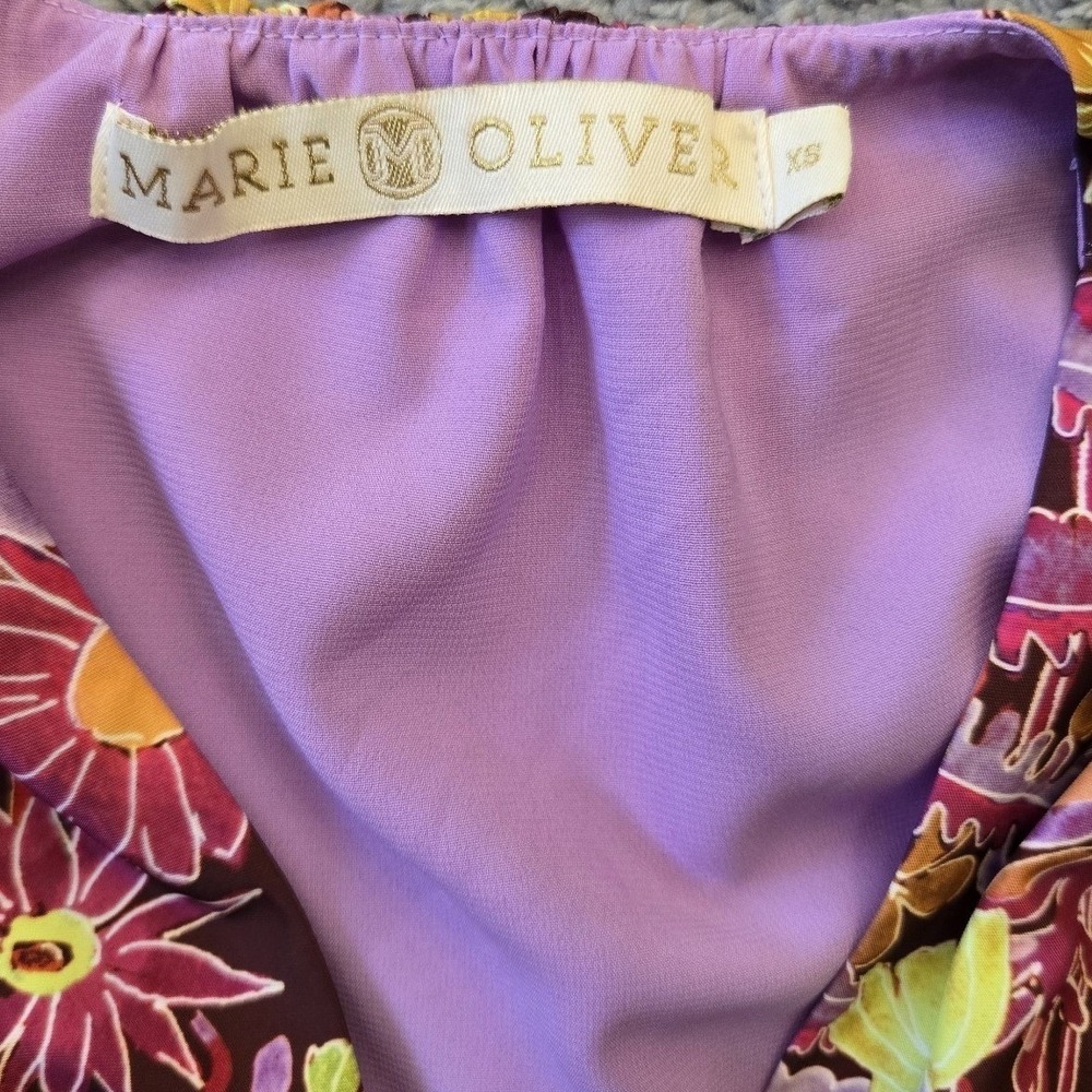 Marie Oliver Tiered Mini Dress Tropical Floral V Neck Long Sleeve Tie Waist XS - Picture 3 of 9